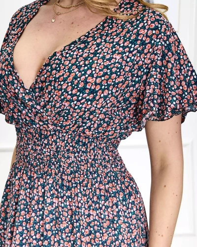 Moteriška tamsiai mėlyna ilga suknelė su gėlių raštu - Apranga