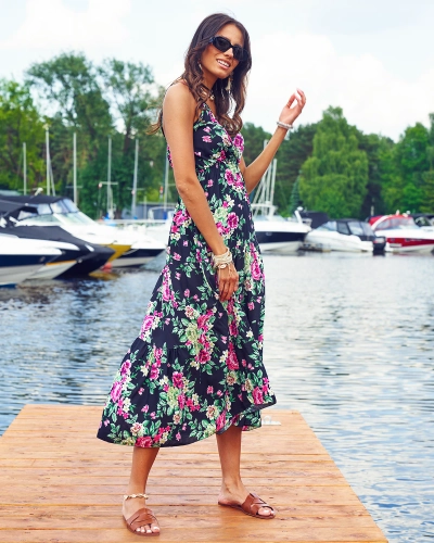 Royalfashion Juoda ilga gėlėta moteriška suknelė