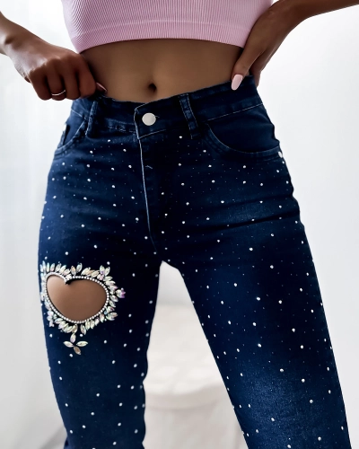 Темно-синие женские джинсовые шорты длиной 3/4 с цирконами - Одежда