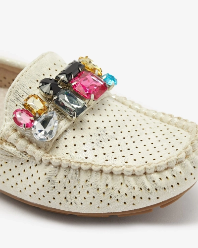 Кремовые женские ажурные мокасины с разноцветным декором Aqitic - Обувь