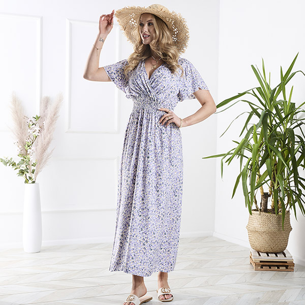 Ilga violetinė moteriška suknelė su mažomis gėlytėmis - Apranga