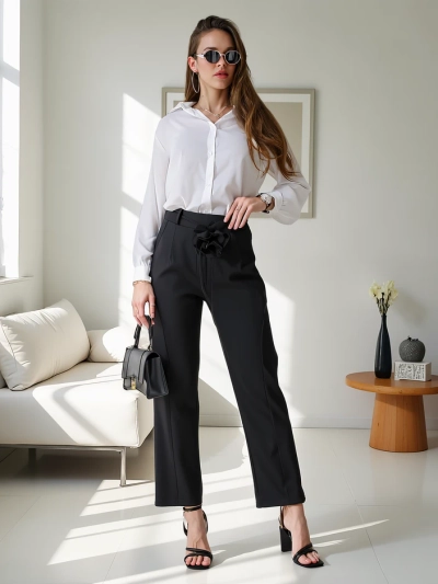 Royalfashion Viskozės tiesios moteriškos kelnės su gėle