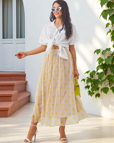 Royalfashion moteriška midi sijonas iš viskozės su tinklu taškeliais