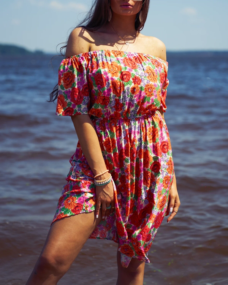 Royalfashion Женское цветочное мини-платье a'la hiszpanka красного цвета