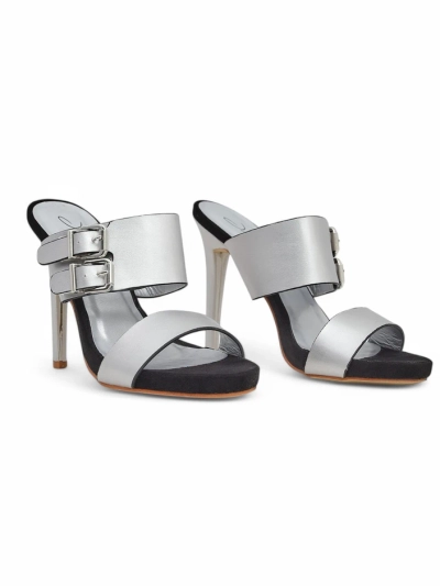 Aletheia Silver Stiletto Sandals 12cm Eco-Leather Buckle Straps
