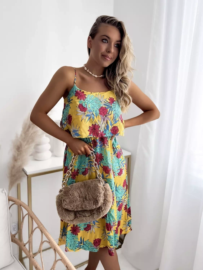 Желтое женское мини-платье с цветочным мотивом - Одежда