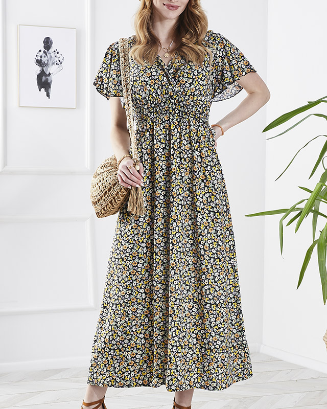 Moteriška gėlėta midi suknelė juodos spalvos- Drabužiai