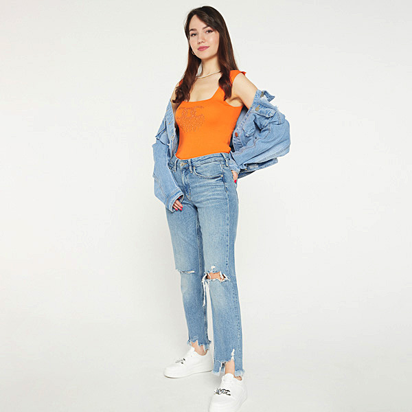 Oranžinės spalvos moteriškas viršutinis trikotažas su kubiniais cirkoniais - Drabužiai