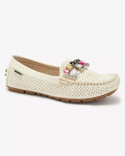 Kreminiai moteriški ažūriniai mokasinai su spalvingu dekoru Aqitic - Avalynė