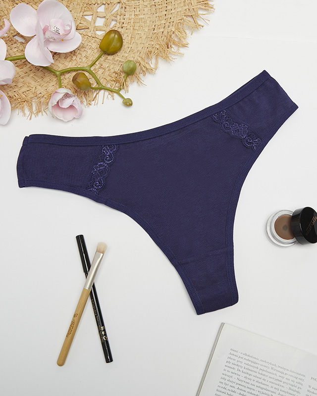 Хлопковые женские трусики-стринги темно-синего цвета с кружевом - Нижнее белье