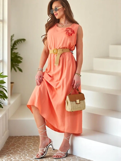 Платье миди Royalfashion для женщин с бретелями, круглый вырез с декоративным цветком