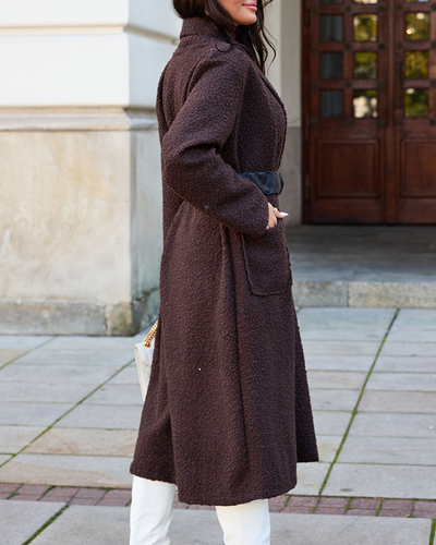 Royalfashion Темно-коричневая женская дубленка с поясом