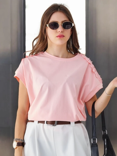 Royalfashion Moteriška medvilninė marškinėliai su nėrinių rankovėmis