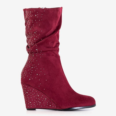 Бордовые женские сапоги на танкетке со стразами Jilli - Обувь