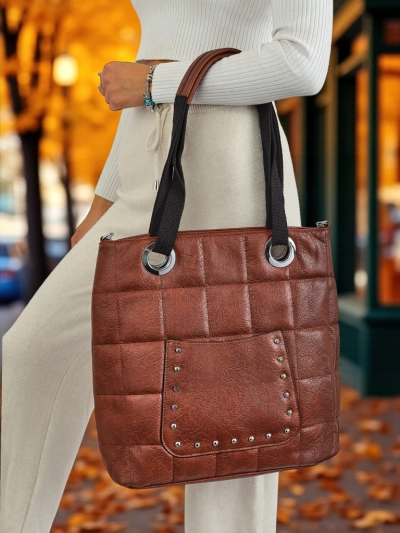Calista Brown Faux Leather Studded Women's Bag 41x35 cm
