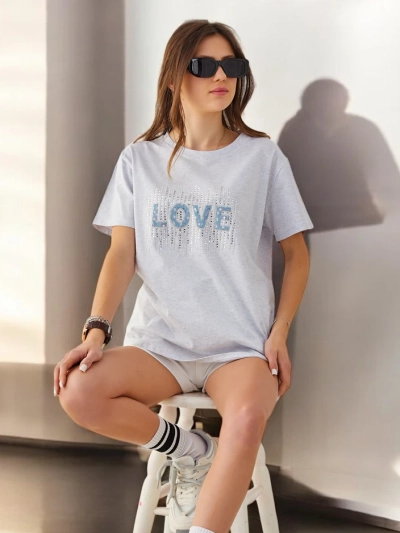 Royalfashion Moteriška medvilninė marškinėliai LOVE su kristalais