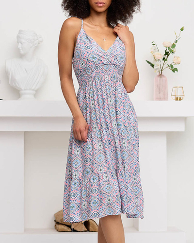 Rožinė ir mėlyna moteriška vasarinė suknelė su raštu - Drabužiai