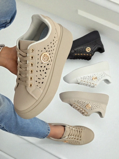 Cleo Ecru Platino – бежевые кроссовки на платформе Royalfashion экокожа