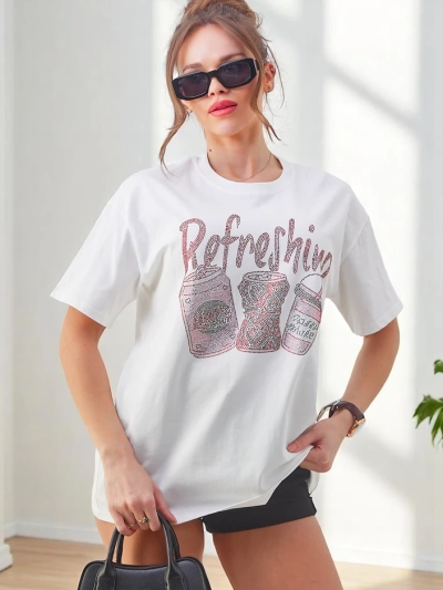 Royalfashion moterų medvilninis T-marškinėlis su akmenukų spausdiniu