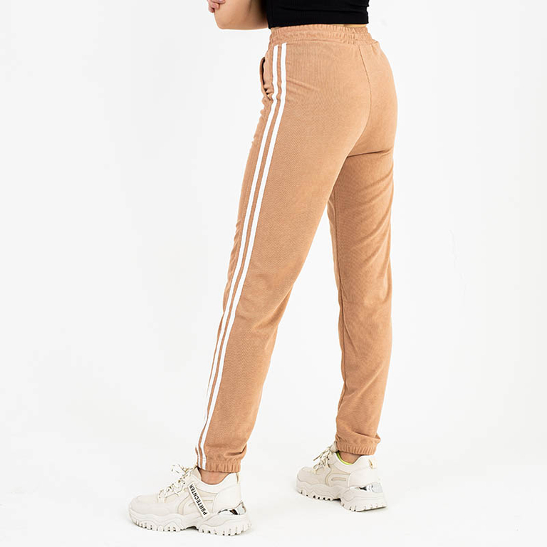 Šviesiai rudos moteriškos sportinės kelnės baltomis juostelėmis - Drabužiai
