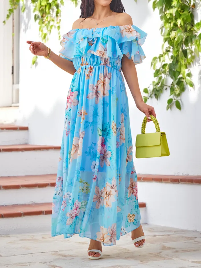 Royalfashion Moteriška su pečių suknelė su trumpomis rankovėmis įvairiais gėlių raštais