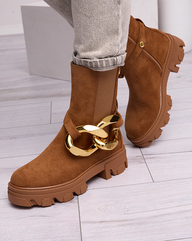 OUTLET Женские высокие сапоги с золотой цепочкой в верблюжьем цвете Elrudi - Обувь