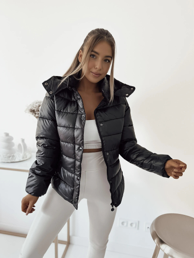 Royalfashion Черная женская стеганая куртка с капюшоном