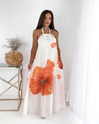 Белое женское платье-миди с оранжевыми цветами - Одежда