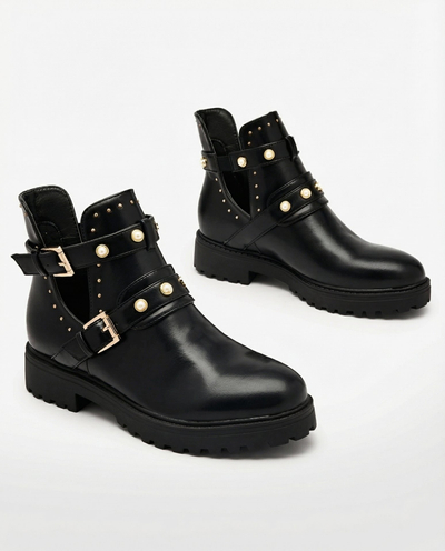 Royalfashion Черные женские украшенные сапоги на плоском каблуке Pearl Elegance