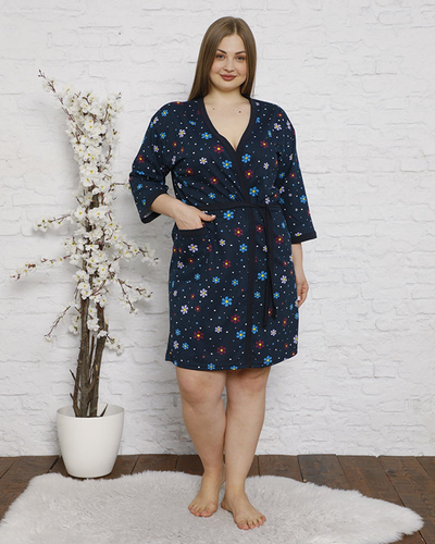 Moteriškas tamsiai mėlynas gėlėtas chalatas PLUS SIZE- Drabužiai