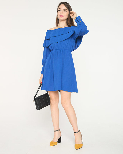 Moteriška trumpa kobalto pūkuota suknelė- Drabužiai