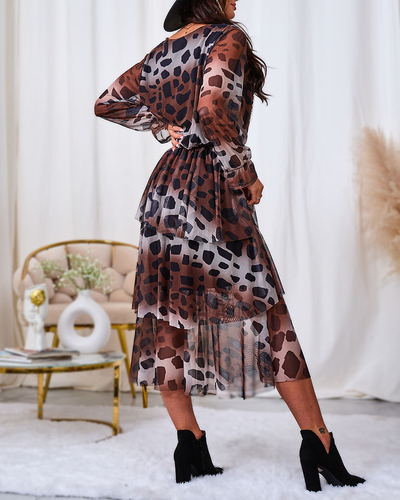 Royalfashion Черно-коричневое платье-миди из сетки с принтом