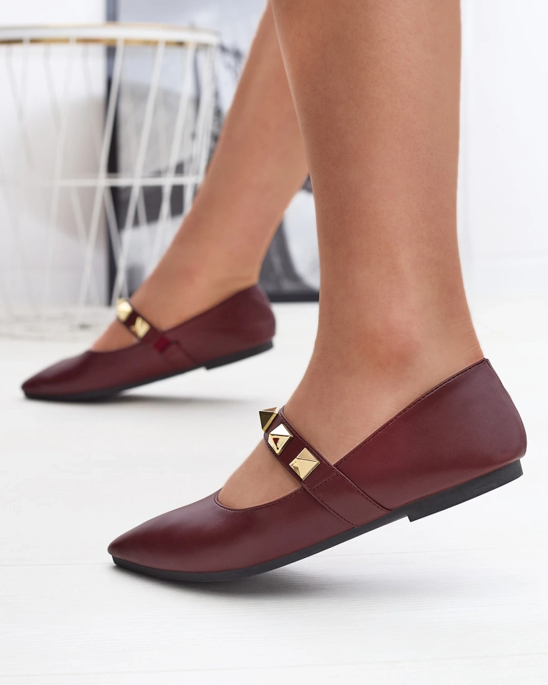 Bordo spalvos moteriški balerinai plokščiu kulnu su kniedėmis Dejika - Avalynė