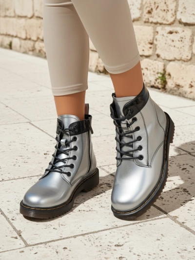Celestina Eco Patent Leather Silver Ankle Boots with Zipper