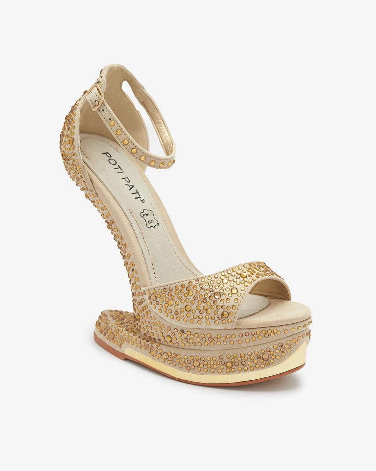 Золотые женские туфли с открытым носком и цирконами Elenki - Обувь