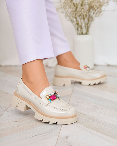 Royalfashion Лакированные кремовые мокасины с разноцветными камнями Sarin