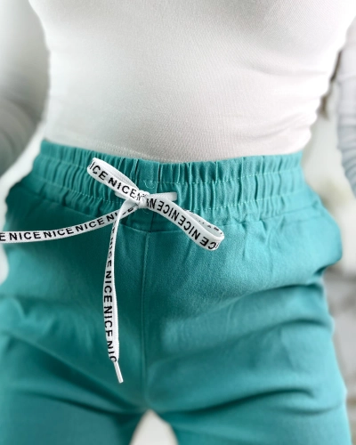 Royalfashion Mėtų spalvos moteriški medžiaginiai šortai iki kelių