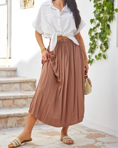 Royalfashion moterų audinė midi vasaros sijonas, lengvas ir plazdinantis su dviem kišenėmis