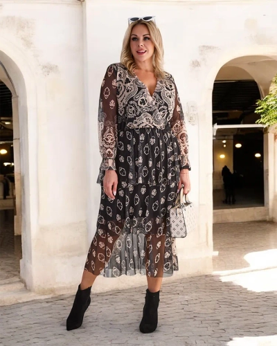 Royalfashion Черно-бежевое платье-миди из сетки с принтом