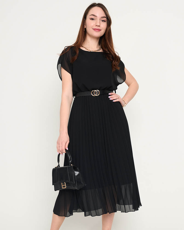 Moteriška juoda klostuota midi suknelė su diržu - Drabužiai