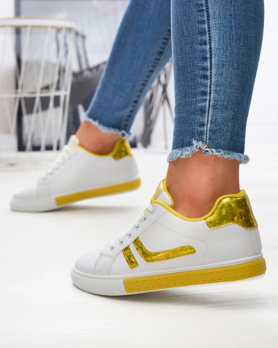 Balti moteriški sportiniai bateliai su geltonais holografiniais intarpais Bielga- Avalynė