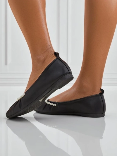 Callisto Nero Balerinas - Black eco-leather balerinas with pearls, flat heel
