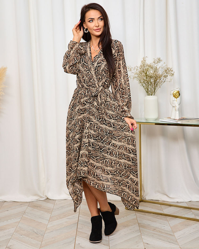 Royalfasion Темно-коричневое женское длинное платье с модным принтом