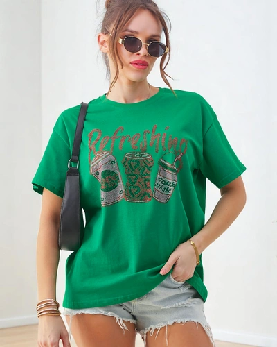 Женская футболка из хлопка Royalfashion с принтом, украшенным стразами