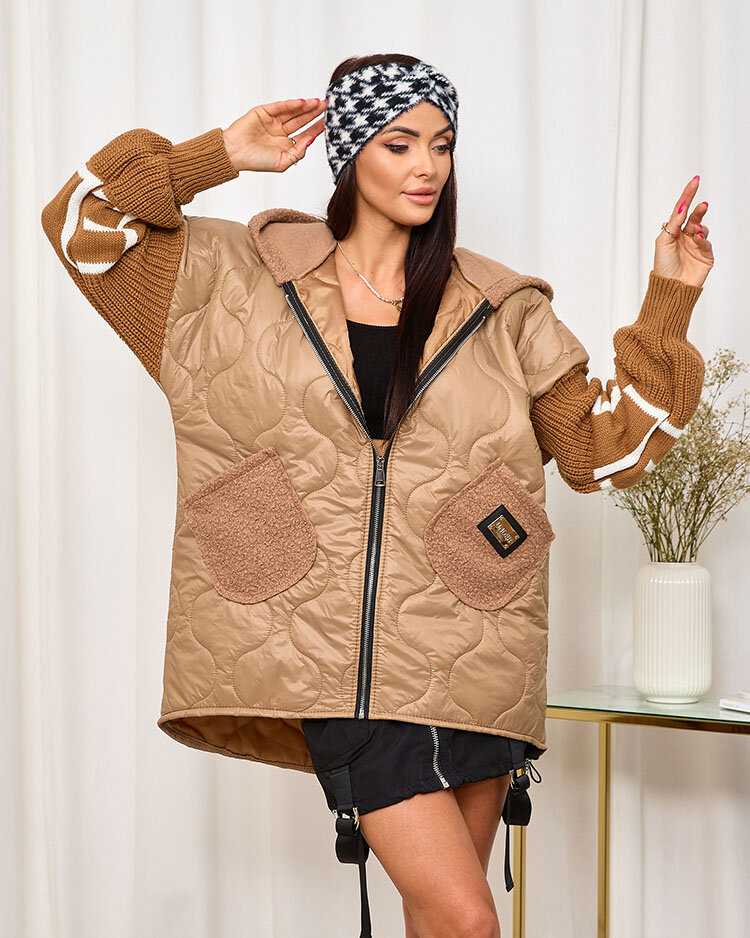 Royalfashion Светло-коричневая женская стеганая куртка с овчиной