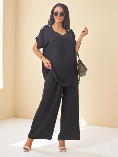 Royalfashion Женский комплект из хлопка с короткими рукавами и широкими штанами