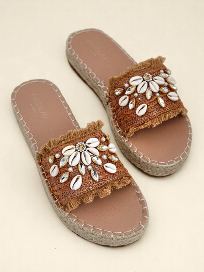 Royalfashion Callista Boho Camel Flat Platform Shell Sandals