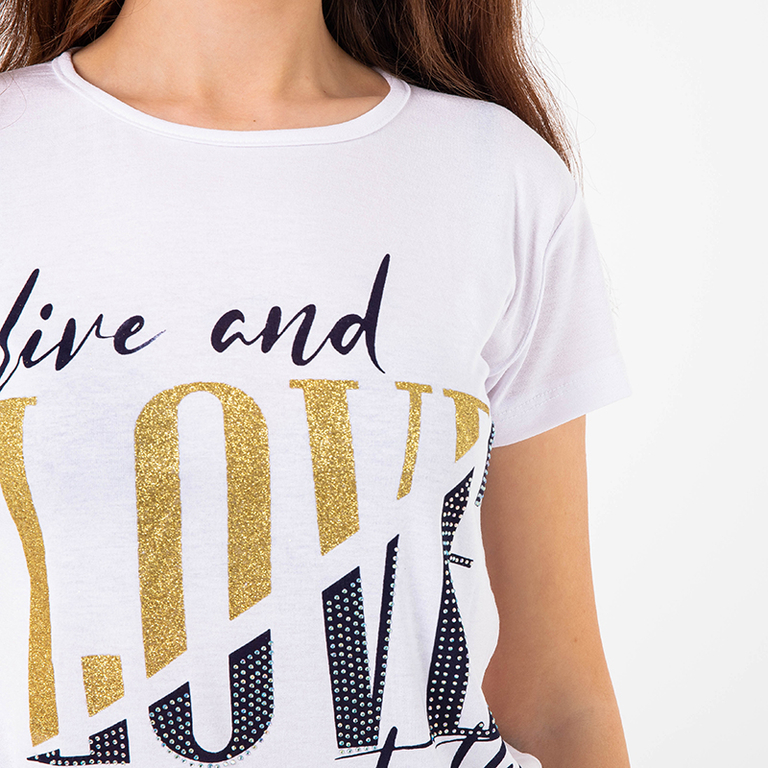 Balti moteriški marškinėliai su užrašais dekoruoti blizgučiais ir kubiniu cirkoniu - Drabužiai