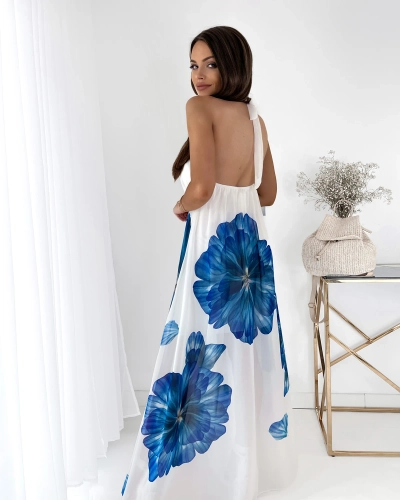 Белое женское платье-миди с голубыми цветами - Одежда