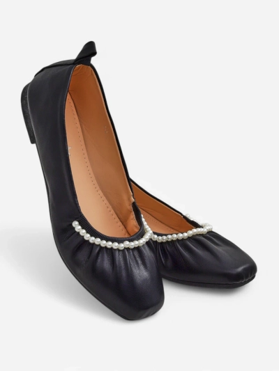 Callisto Nero Balerinas - Black eco-leather balerinas with pearls, flat heel